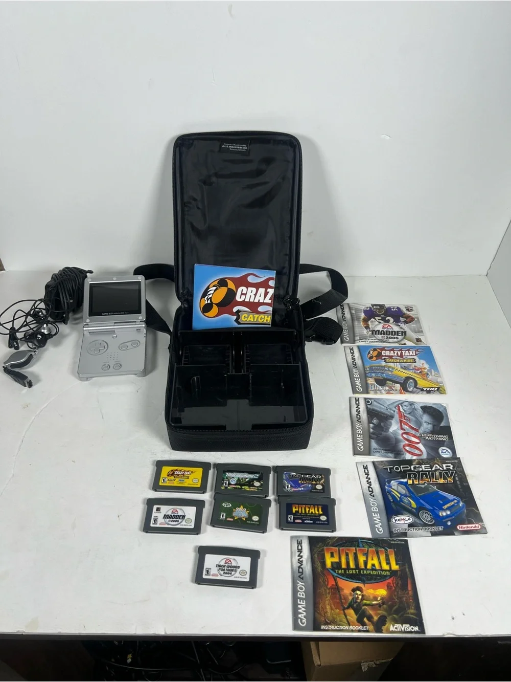 Nintendo Silver Game Boy Advance SP Bundle with Black Case and Games Tested